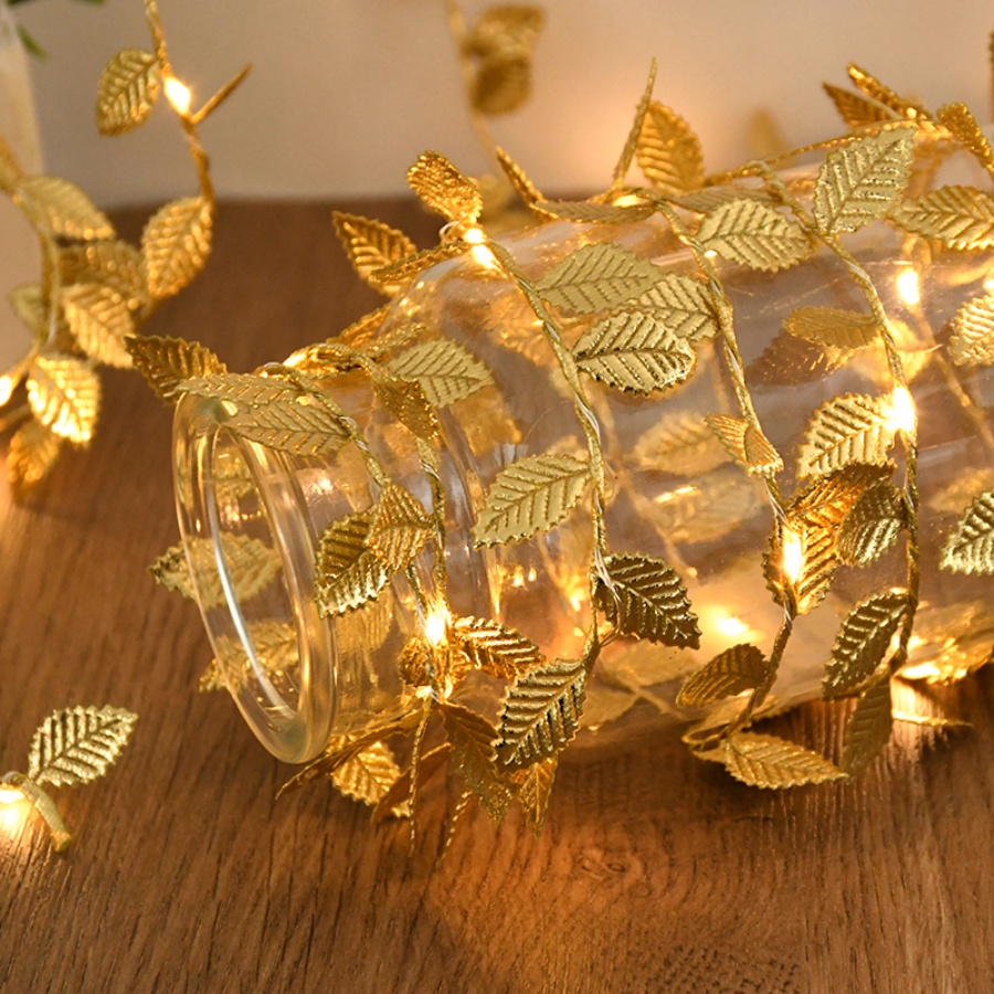 Lighting Wedding Outdoor - Goldene Blatt-Rattan-Kupferdraht-Lichterkette, batteriebetrieben, für Weihnachten, Hochzeit,