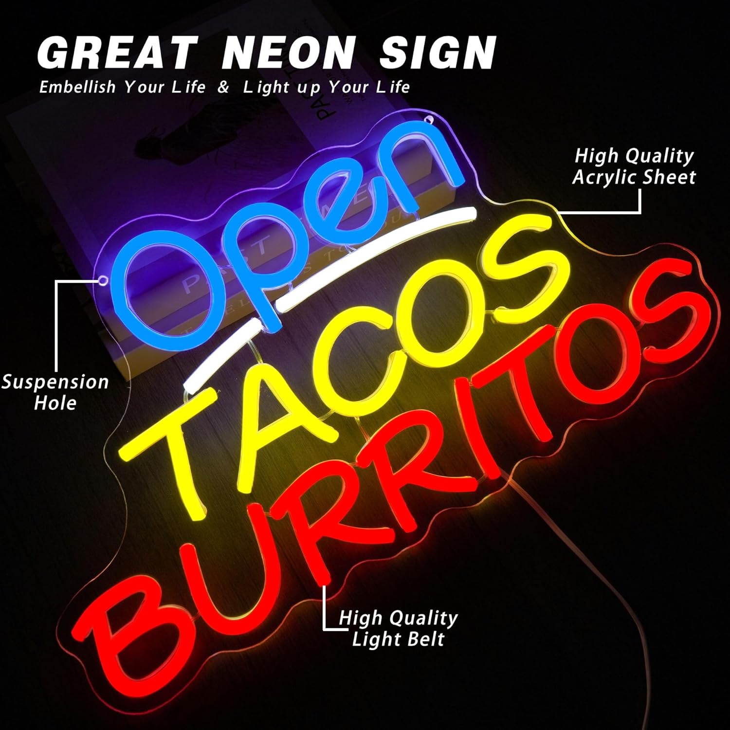Open Tacos Burritos Neonschild – Outdoor Lighting Restaurant Bewertung und Preis